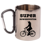 Kubek z czarnym karabińczykiem, nadrukiem „Super Rowerzystka” – dla rowerzystki #6