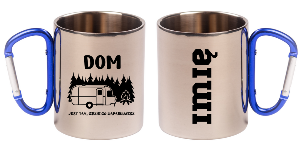 Kubek z niebieskim karabińczykiem i nadrukiem „Dom jest tam, gdzie go zaparkujesz” – camping, camper #6