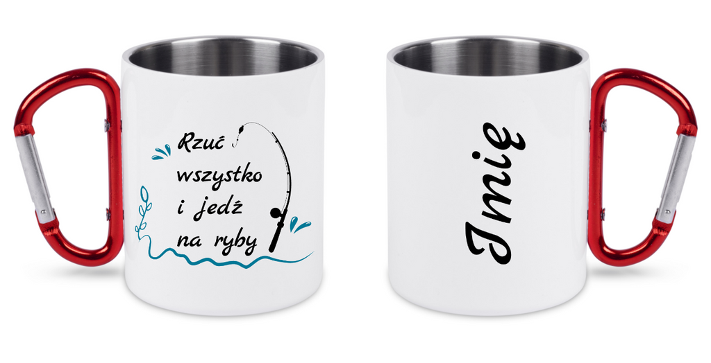 Kubek biały z czerwonym karabińczykiem i nadrukiem "Rzuć wszystko i jedź na ryby" – wędkarstwo #5