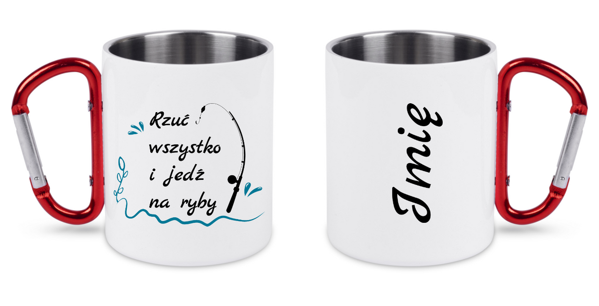 Kubek biały z czerwonym karabińczykiem i nadrukiem "Rzuć wszystko i jedź na ryby" – wędkarstwo #5