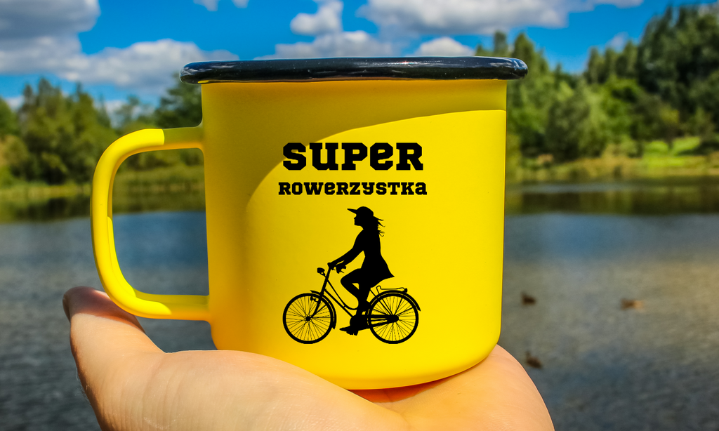 Kubek emaliowany żółty z nadrukiem "Super Rowerzystka" – dla rowerzystki #7