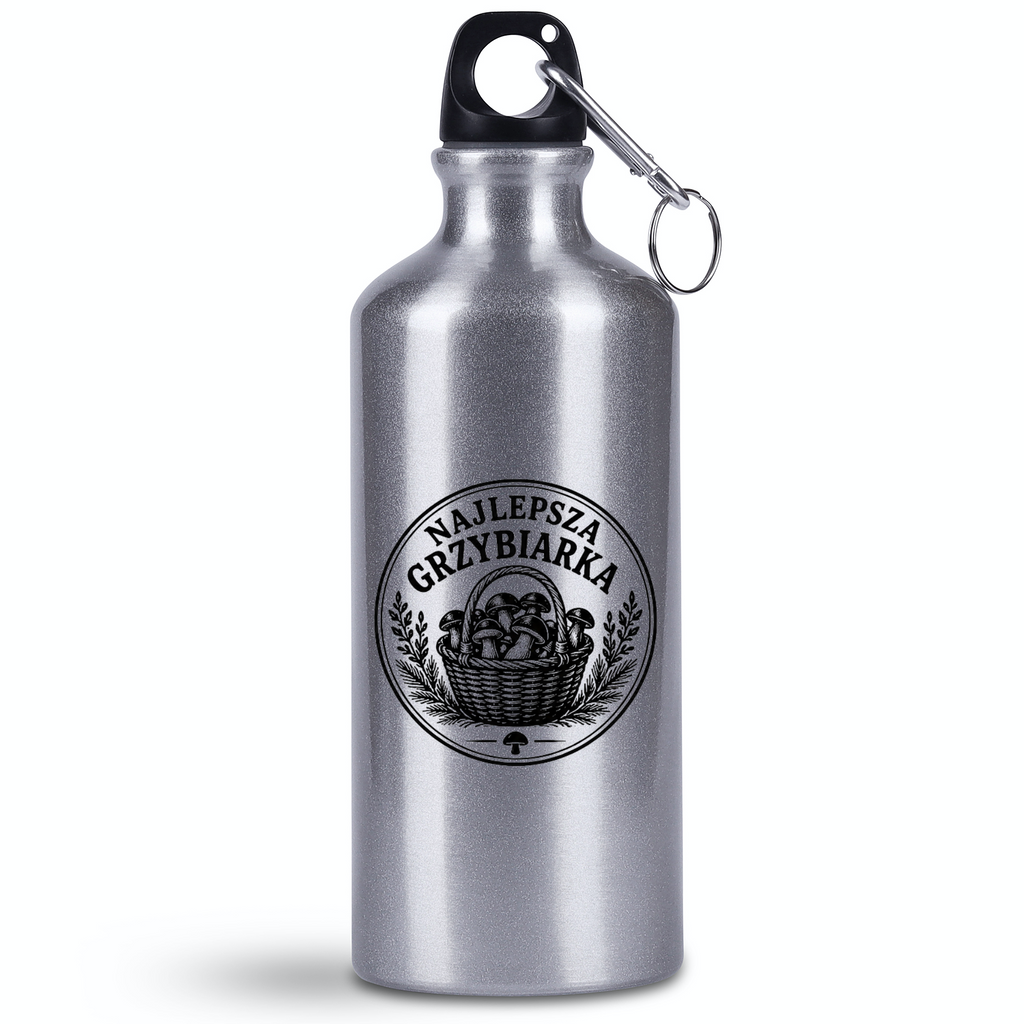 Bidon srebrny 500 ml z nadrukiem „Najlepsza Grzybiarka” – na grzyby #1