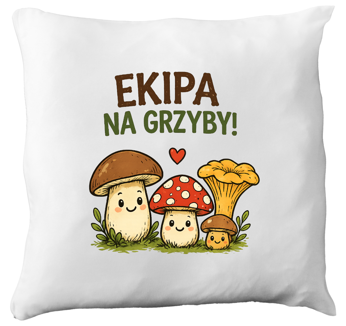 Poduszka prezent dla grzybiarzy z nadrukiem „Ekipa na grzyby” i grafikami grzybów #11
