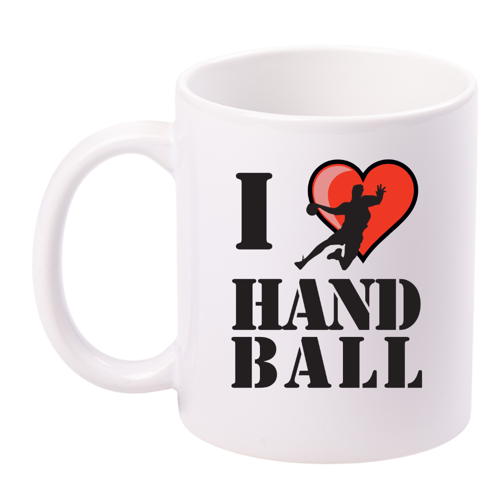 Kubek biały z grafiką piłkarza w sercu i napisem "I love HANDBALL" #2