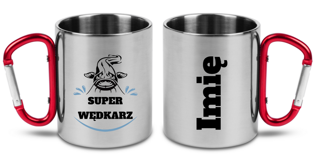 Kubek z czerwonym karabińczykiem i nadrukiem „Super wędkarz” – wędkarstwo #9