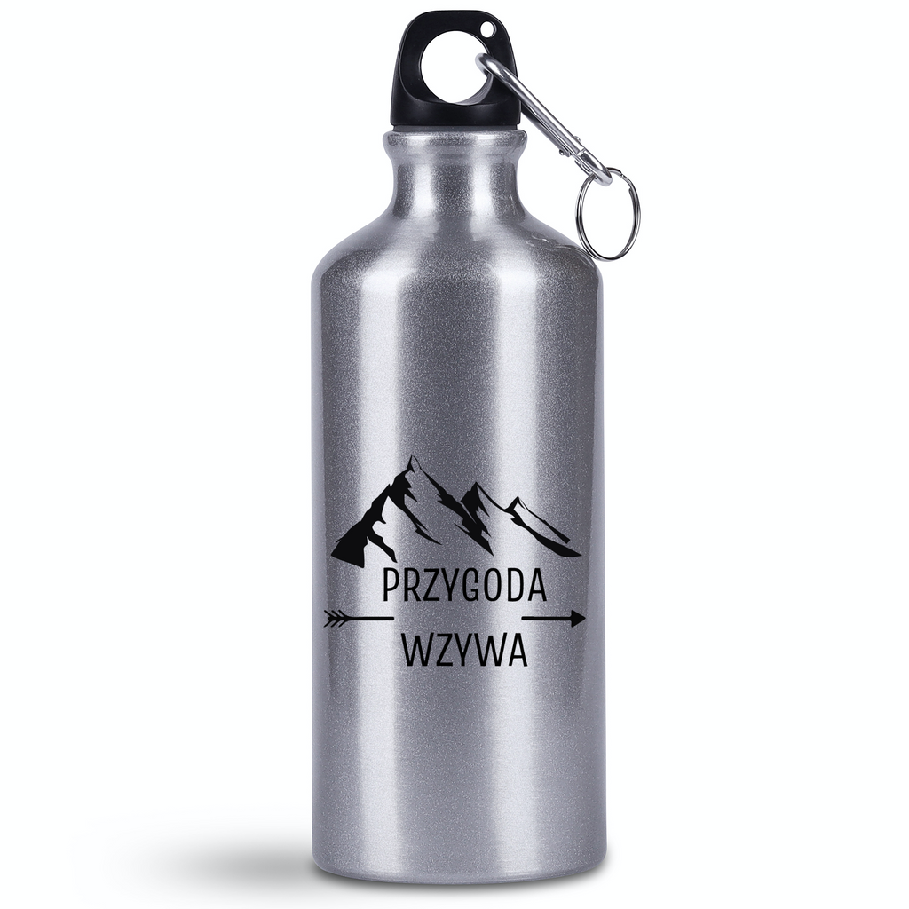 Bidon srebrny 500 ml z grafiką „Przygoda wzywa” - trekking, podróż #5