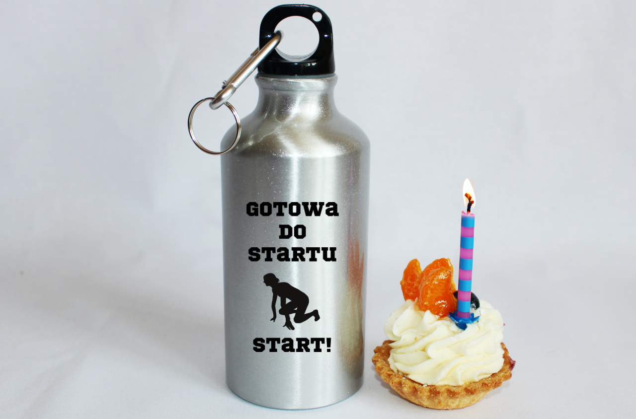 Butelka srebrna 400 ml z nadrukiem "Gotowa do startu, start!" dla pań – bieganie #5