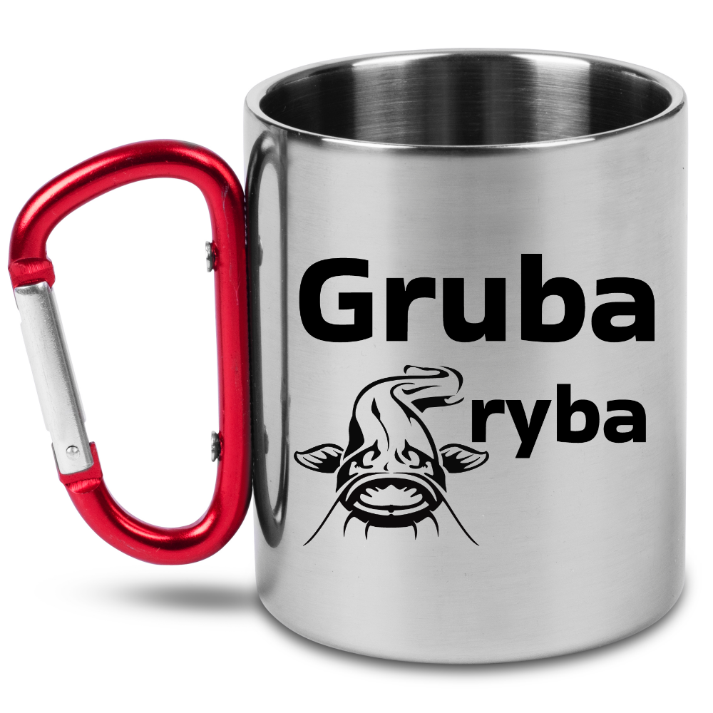 Kubek z czerwonym karabińczykiem i nadrukiem „Gruba ryba” – wędkarstwo #10