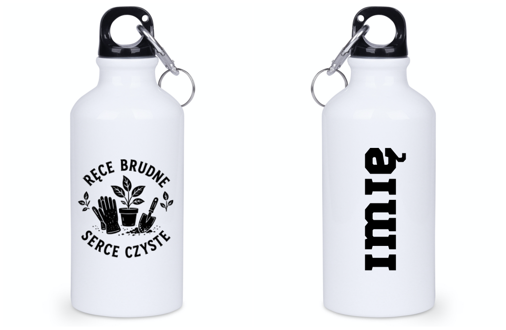 Butelka biała 400 ml z nadrukiem „Ręce brudne, serce czyste” – ogród, działka #7