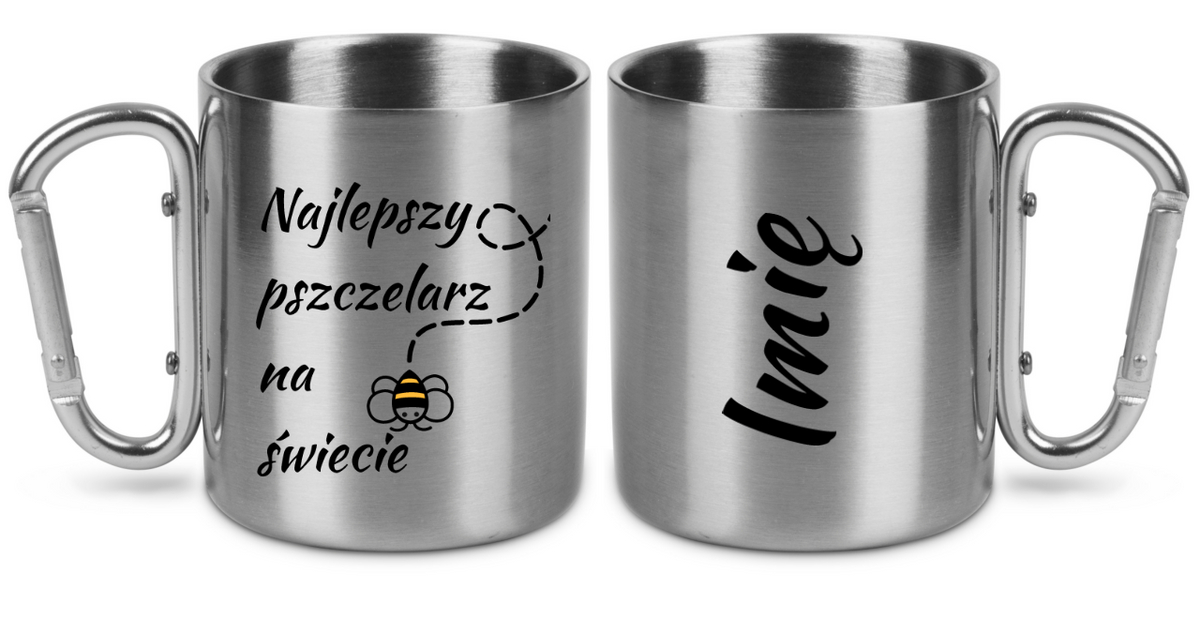 Kubek metalowy ze srebrnym karabińczykiem z nadrukiem „Najlepszy pszczelarz na świecie” – pszczelarstwo #5