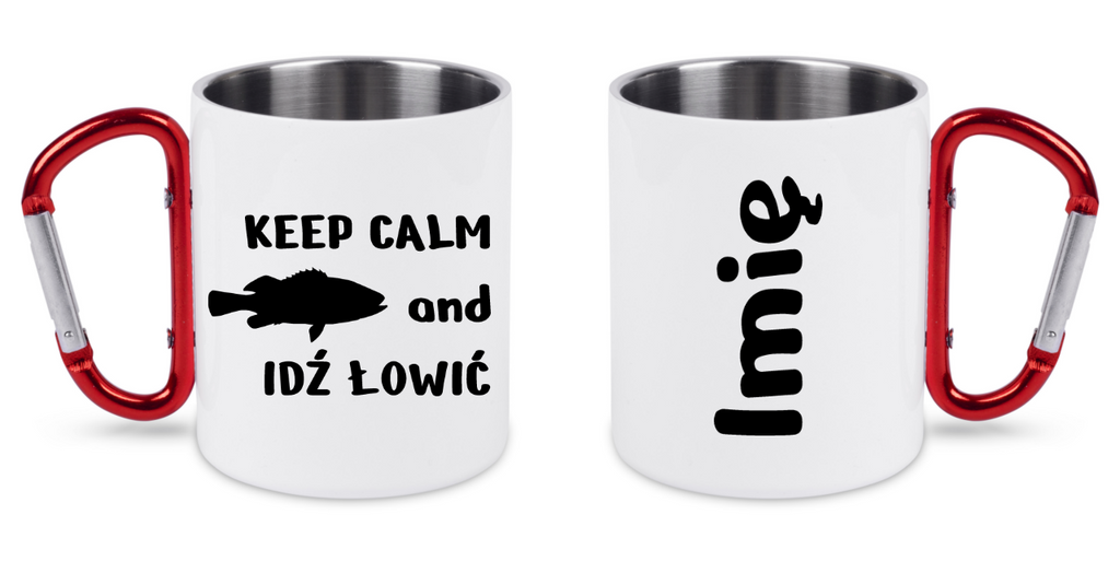 Kubek biały z czerwonym karabińczykiem i nadrukiem "KEEP CALM and IDŹ ŁOWIĆ" – wędkarstwo #6