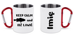 Kubek biały z czerwonym karabińczykiem i nadrukiem "KEEP CALM and IDŹ ŁOWIĆ" – wędkarstwo #6