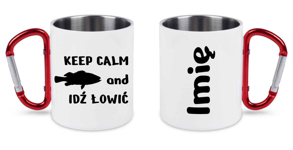 Kubek biały z czerwonym karabińczykiem i nadrukiem "KEEP CALM and IDŹ ŁOWIĆ" – wędkarstwo #6