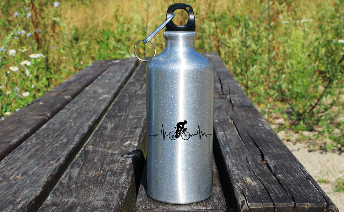 Bidon srebrny 500 ml na rower z grafiką rowerowego EKG – dla rowerzysty #6