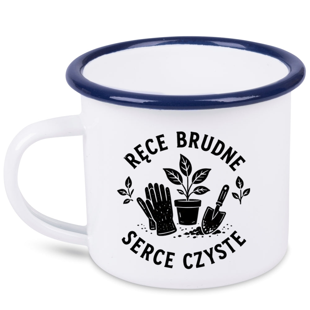 Kubek emaliowany biały z nadrukiem „Ręce brudne, serce czyste” – ogród, działka #7