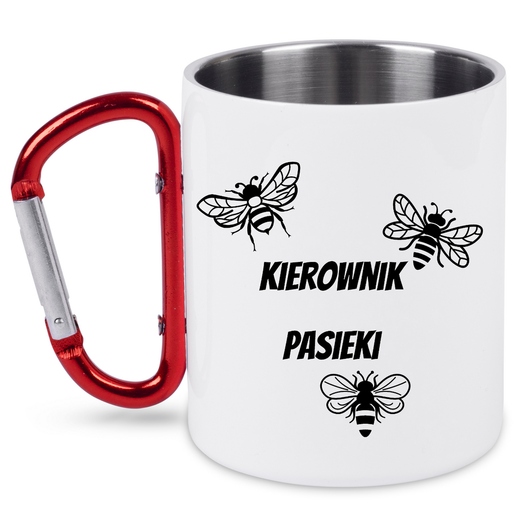 Kubek biały z czerwonym karabińczykiem nadruk "Kierownik pasieki" #2
