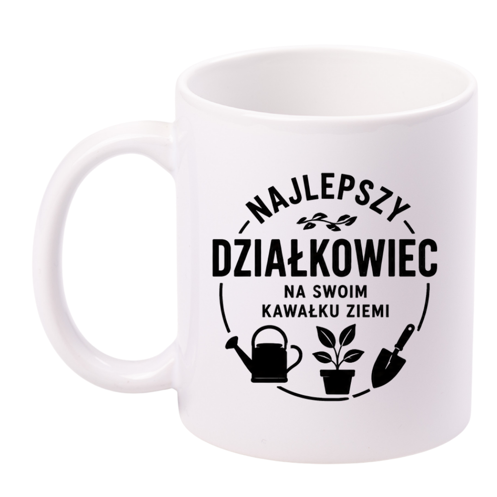 Kubek biały z nadrukiem „Najlepszy działkowiec na swoim kawałku ziemi” – ogród, działka #9