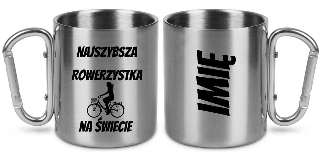 Kubek ze srebrnym karabińczykiem z nadrukiem „Najlepsza rowerzystka na świecie” – dla rowerzystki #1