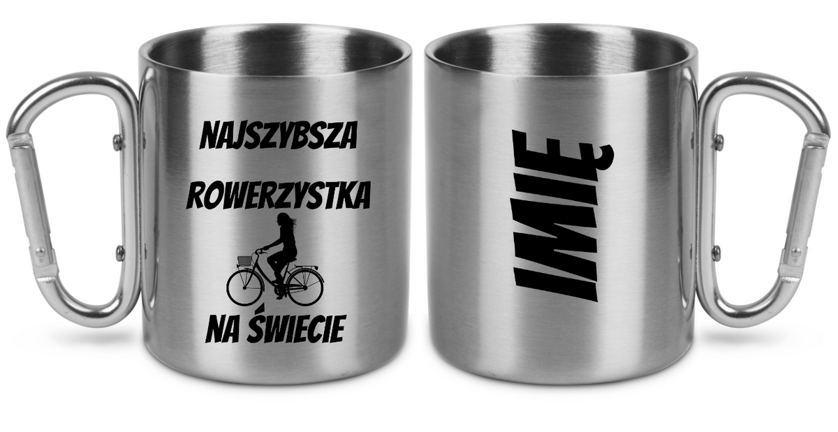 Kubek ze srebrnym karabińczykiem z nadrukiem „Najlepsza rowerzystka na świecie” – dla rowerzystki #1