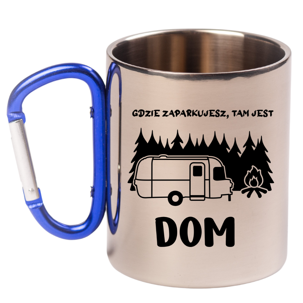 Kubek z niebieskim karabińczykiem i nadrukiem "Gdzie zaparkujesz, tam jest dom" – camping, camper #5