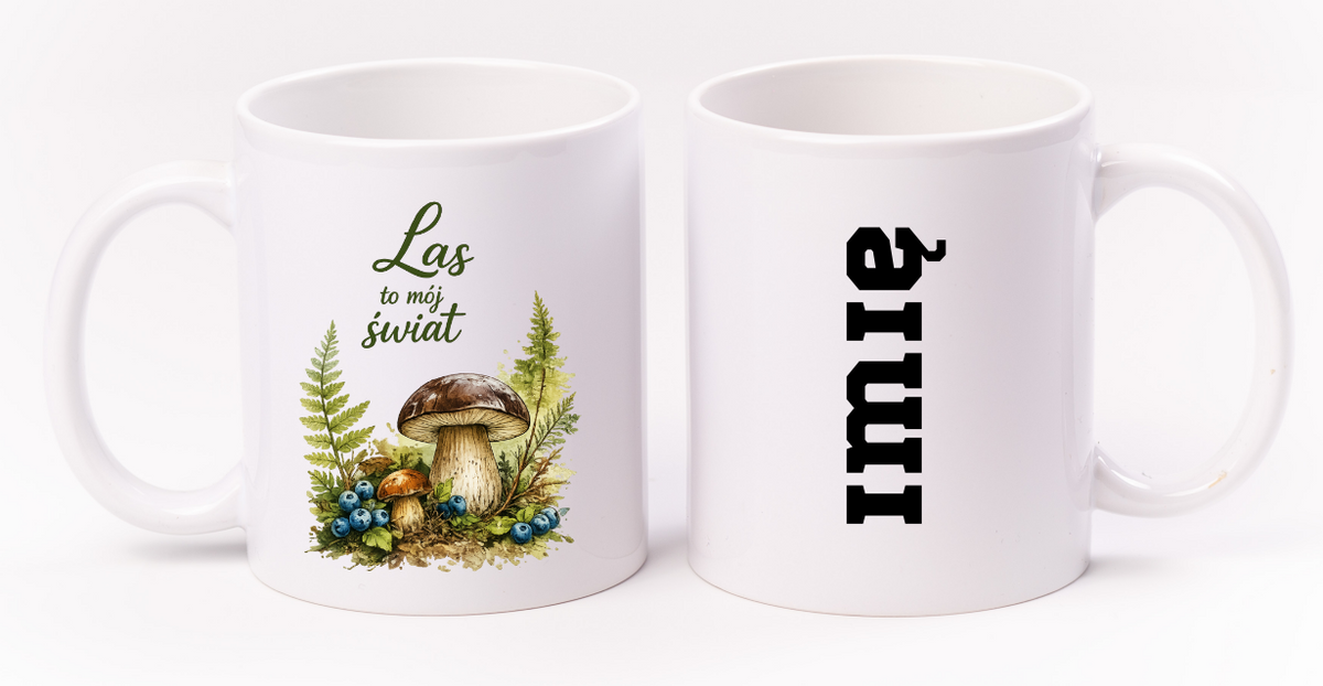 Kubek biały z nadrukiem „Las to mój świat” – grzyby, las #9
