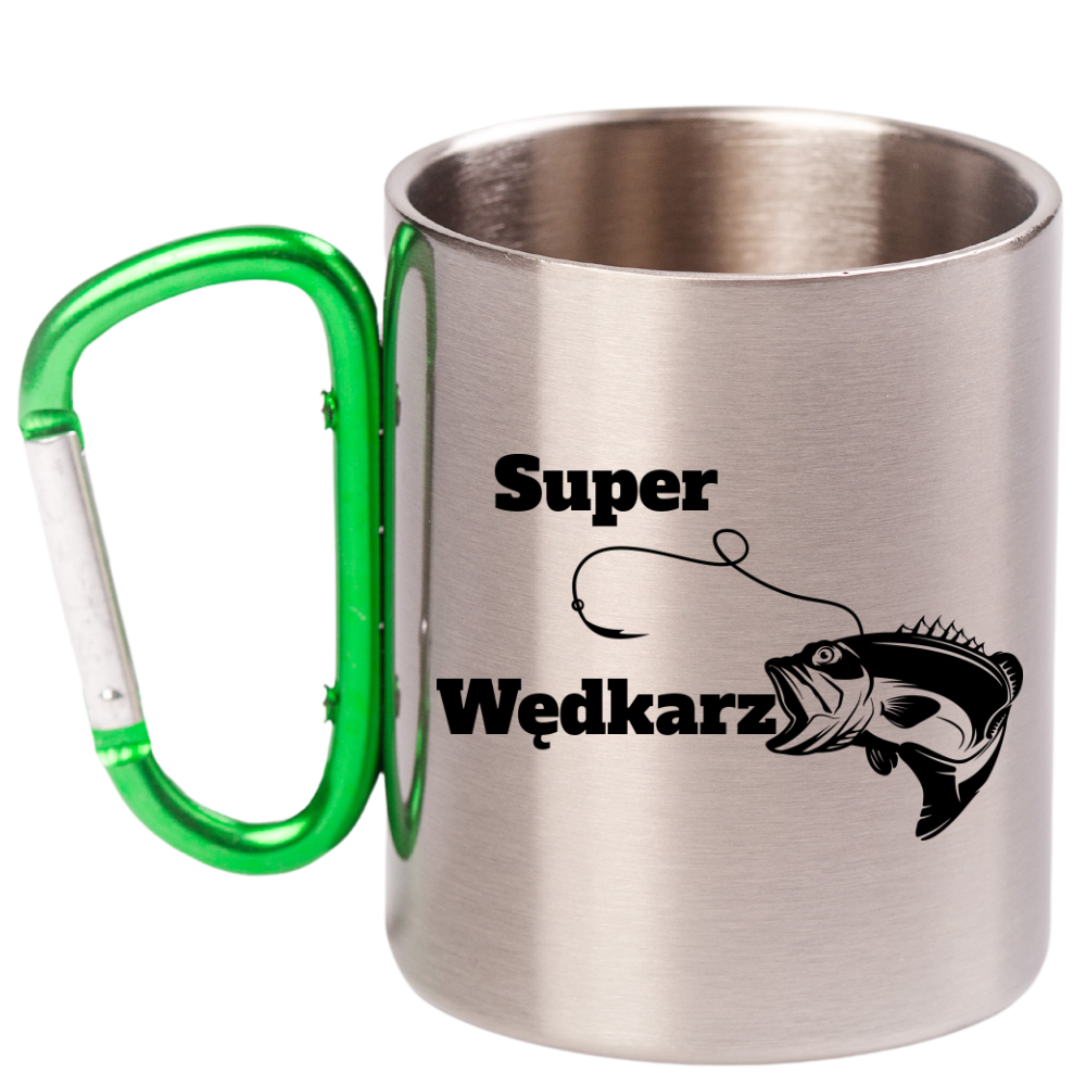 Kubek metalowy 300 ml z zielonym karabińczykiem i nadrukiem "Super Wędkarz" – wędkarstwo #5