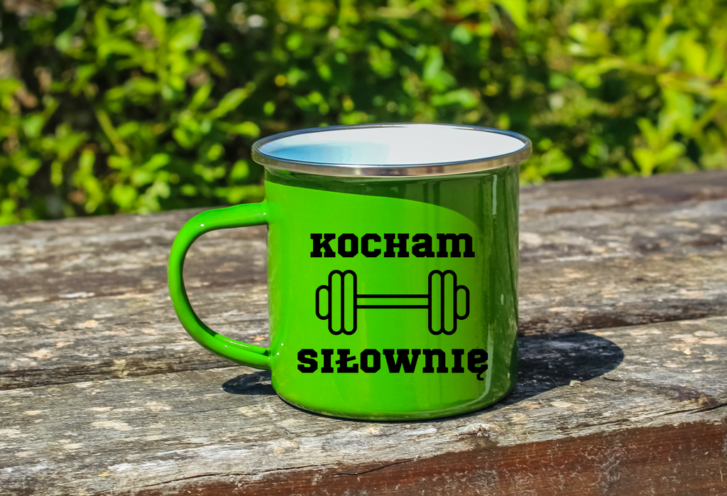 Kubek emaliowany zielony z nadrukiem "Kocham Siłownię" - na siłownię #1