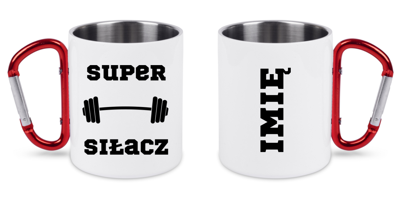 Kubek biały z czerwonym karabińczykiem i nadrukiem „Super Siłacz” – na siłownię #3