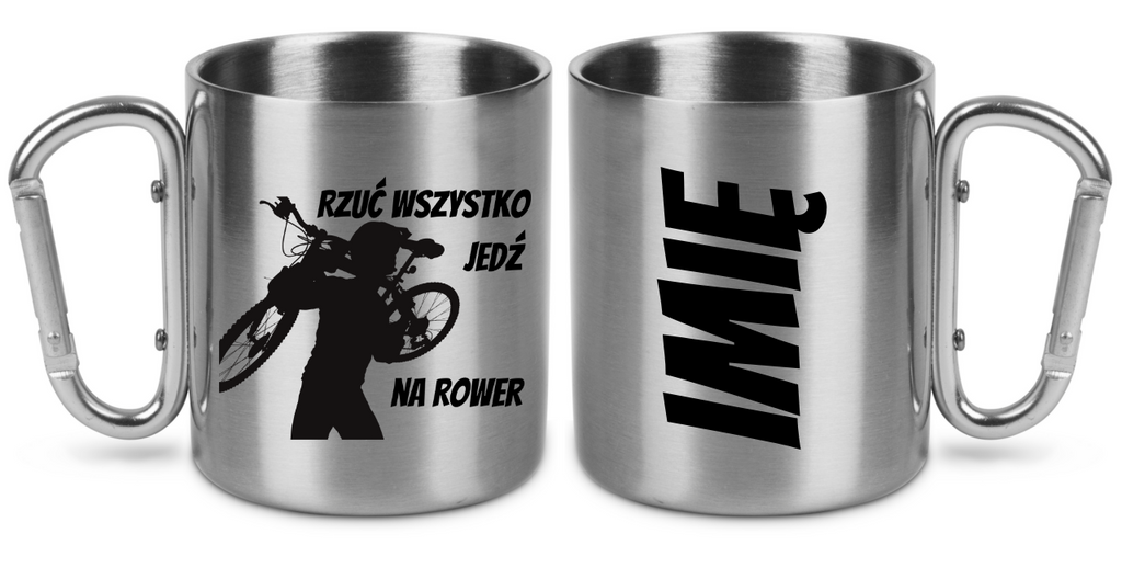 Kubek ze srebrnym karabińczykiem z nadrukiem „Rzuć wszystko, jedź na rower” – dla rowerzystów #2