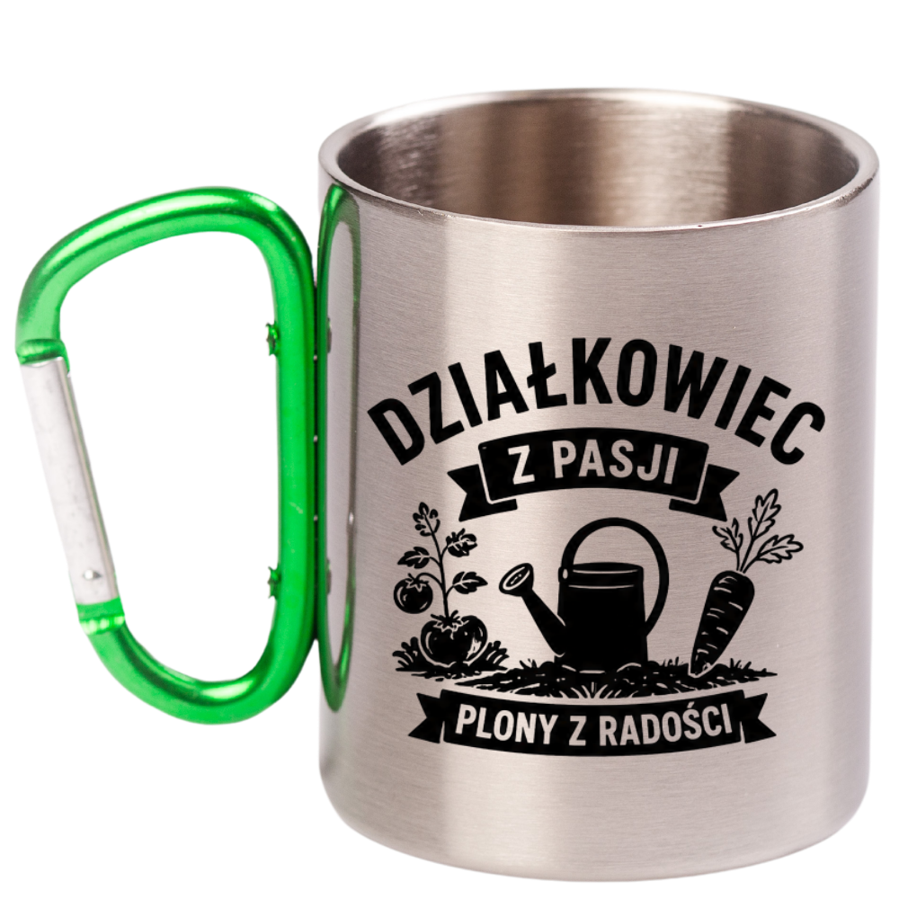 Kubek z zielonym karabińczykiem nadruk "Działkowiec z pasji, plony z radości" - działka, ogród #1