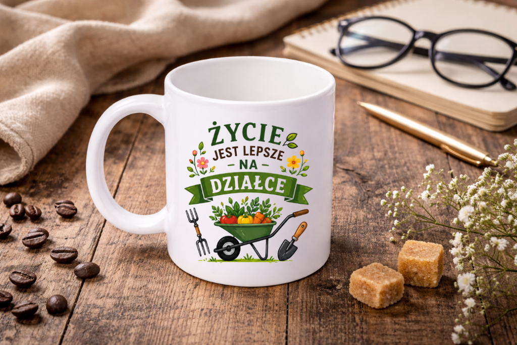 Kubek biały z nadrukiem „Życie jest lepsze na działce” – ogród, działka #3
