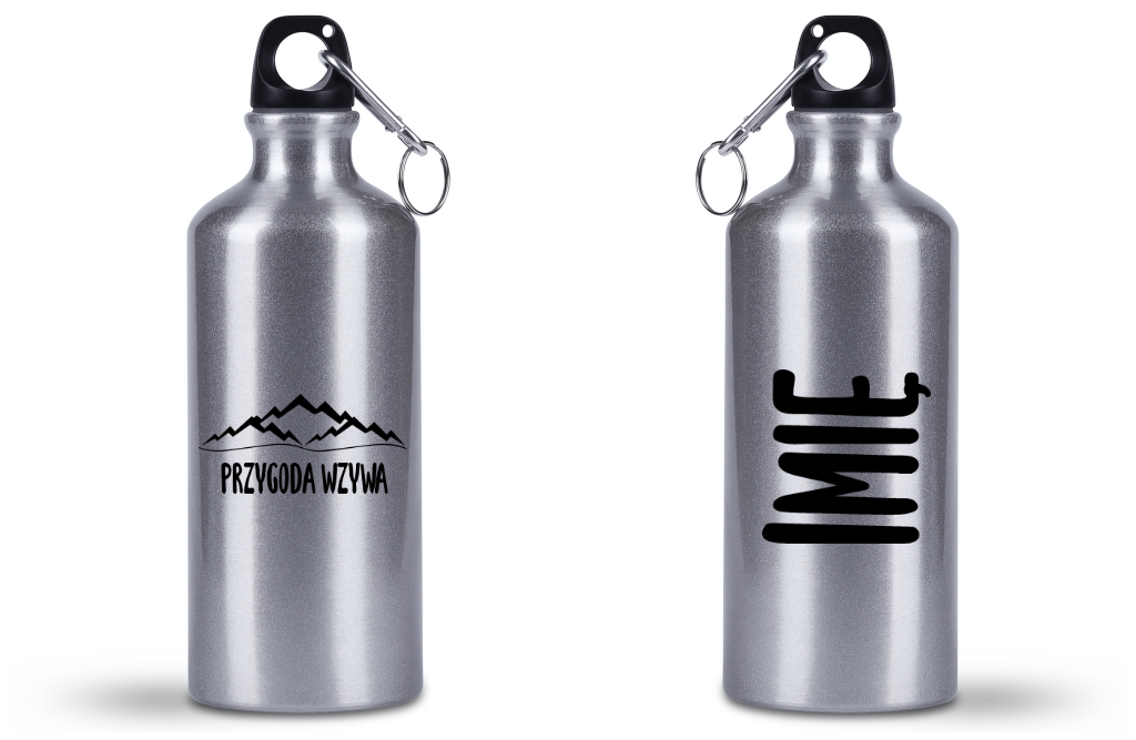 Bidon srebrny 500 ml z grafiką „Przygoda wzywa” – przygody, podróże #7