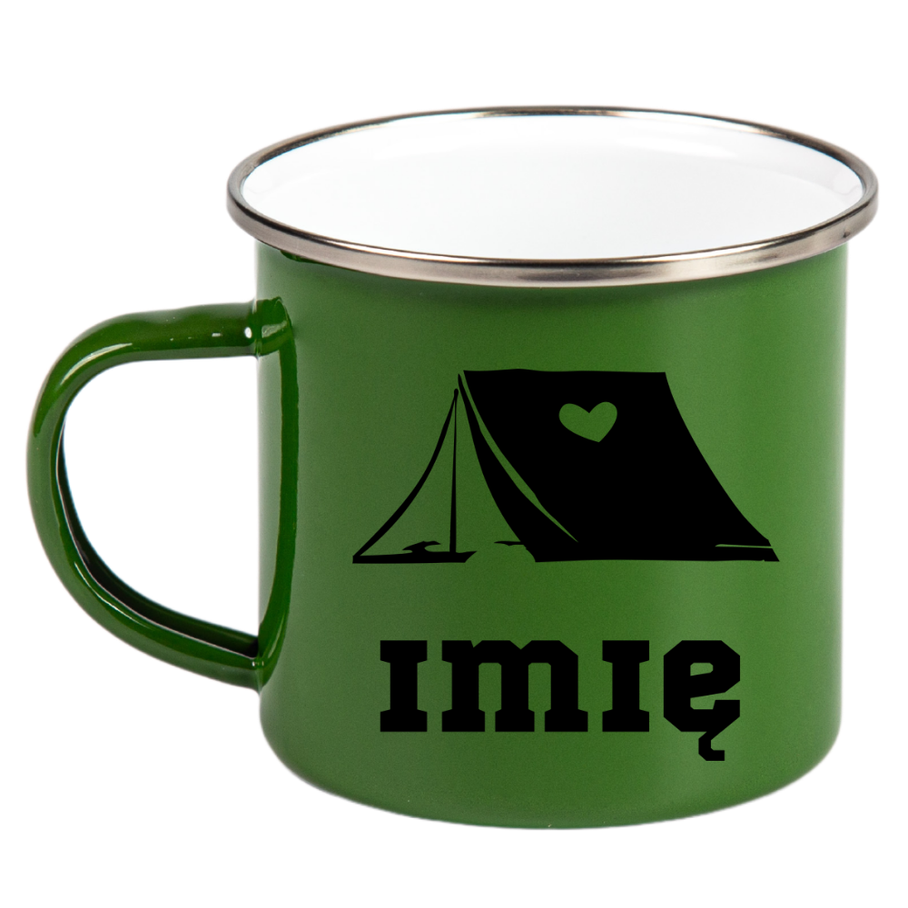 Kubek emaliowany zielony z grafiką namiotu i imieniem do wyboru – camping, pod namiot #4