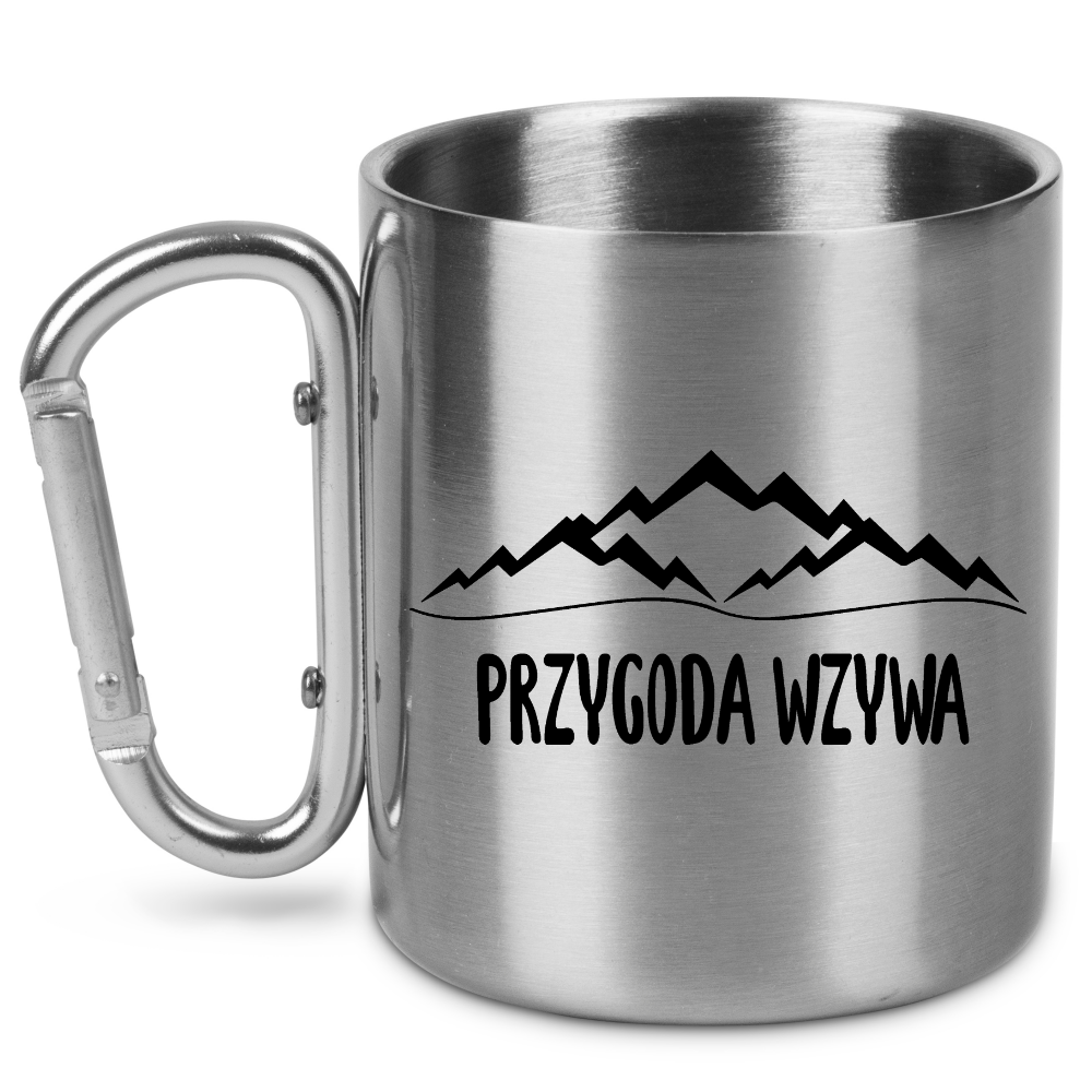 Kubek ze srebrnym karabińczykiem z nadrukiem „Przygoda wzywa” – travel, podróż #9