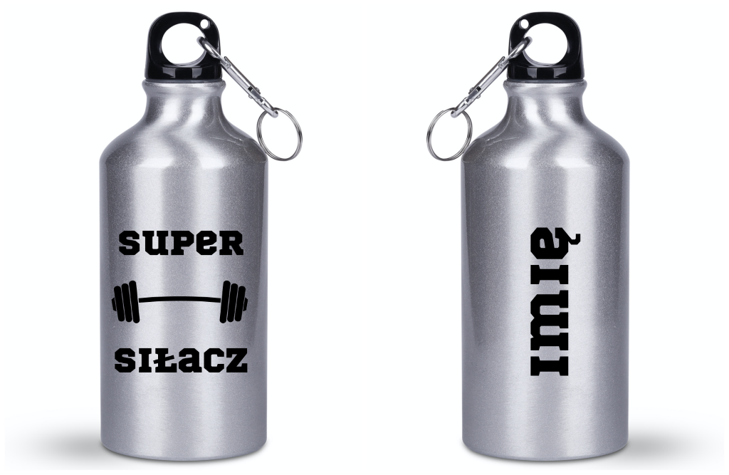 Bidon srebrny 400 ml z nadrukiem „Super Siłacz” – siłownia #3