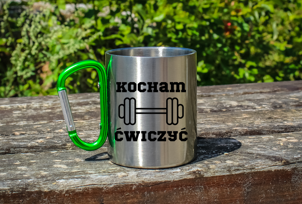 Kubek z zielonym karabińczykiem nadruk "Kocham Ćwiczyć" - siłownia #2