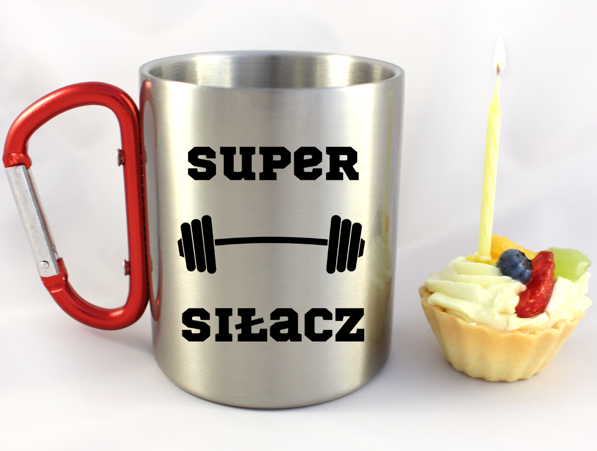 Kubek z czerwonym karabińczykiem i nadrukiem „Super Siłacz” – na siłownię #3