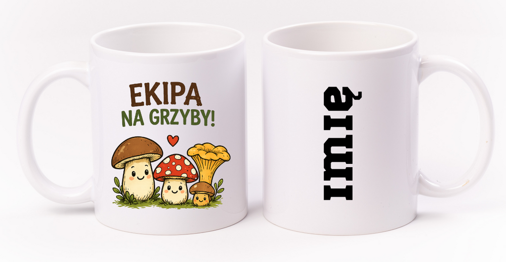 Kubek biały z nadrukiem „Ekipa na grzyby” i grafiką grzybów #11