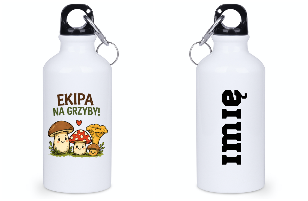 Butelka biała 400 ml z nadrukiem „Ekipa na grzyby” z grafiką grzybów #11