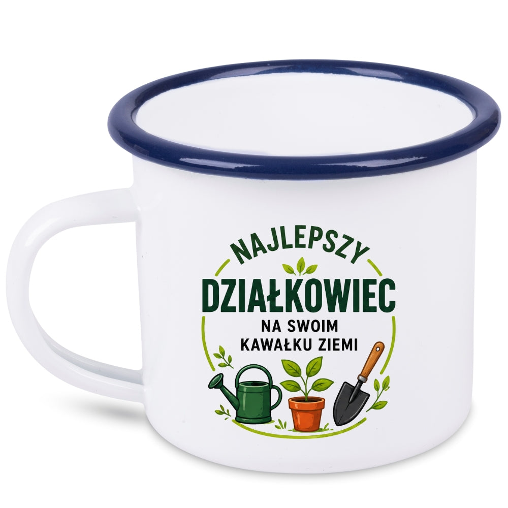 Kubek emaliowany biały z nadrukiem „Najlepszy działkowiec na swoim kawałku ziemi” – ogród, działka #4