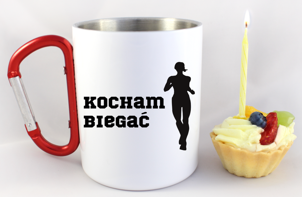 Kubek biały z czerwonym karabińczykiem dla biegaczki – nadruk "Kocham Biegać" #4