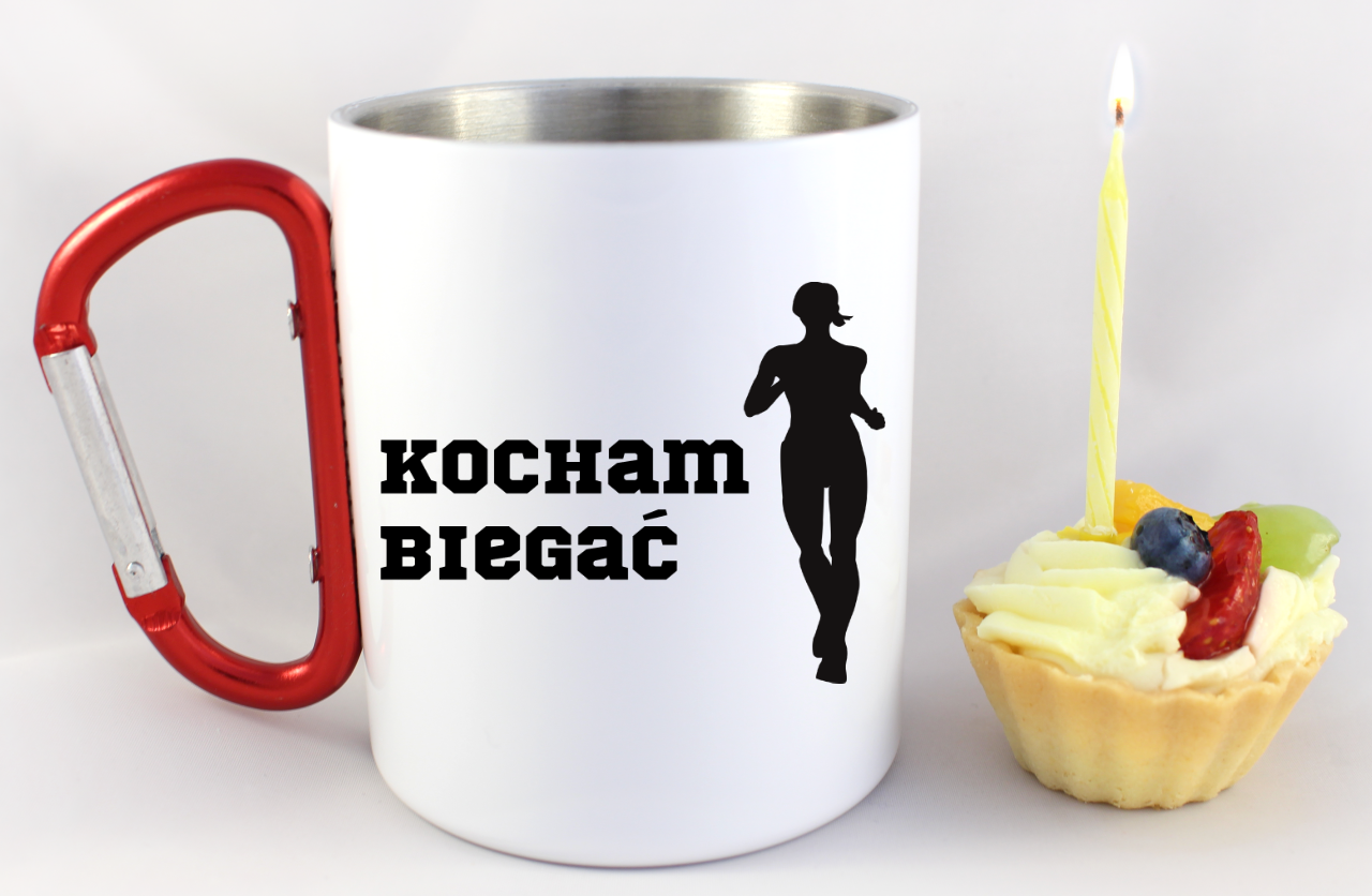 Kubek biały z czerwonym karabińczykiem dla biegaczki – nadruk "Kocham Biegać" #4