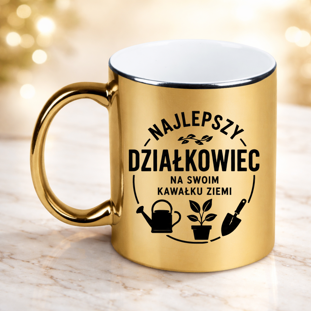 Kubek złoty z nadrukiem „Najlepszy działkowiec na swoim kawałku ziemi” – działka, ogród #5