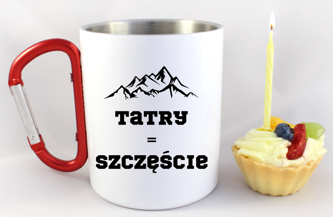 Kubek biały z czerwonym karabińczykiem z nadrukiem „Tatry = Szczęście” – Zakopane, Podhale #4