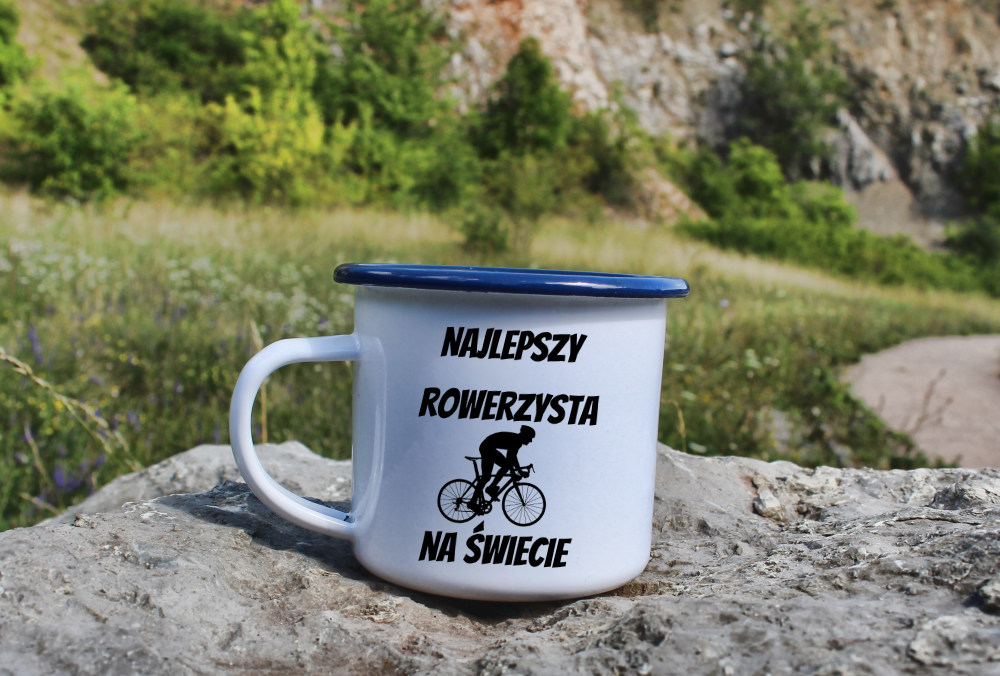 Kubek emaliowany biały z nadrukiem „Najlepszy rowerzysta na świecie” – dla rowerzysty #11
