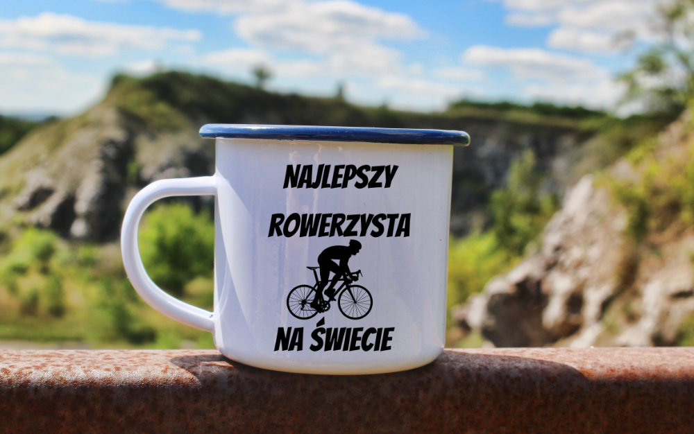 Kubek emaliowany biały z nadrukiem „Najlepszy rowerzysta na świecie” – dla rowerzysty #11