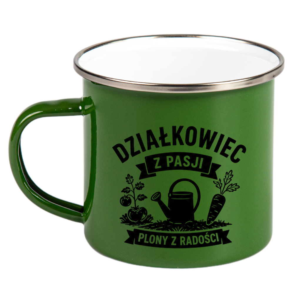 Kubek emaliowany zielony z nadrukiem "Działkowiec z pasji, plony z radości" #1