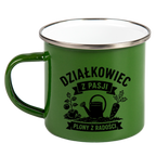 Kubek emaliowany zielony z nadrukiem "Działkowiec z pasji, plony z radości" #1