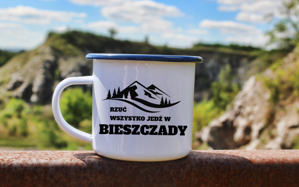 Kubek biały emaliowany z nadrukiem "Rzuć wszystko, jedź w Bieszczady" - góry #3