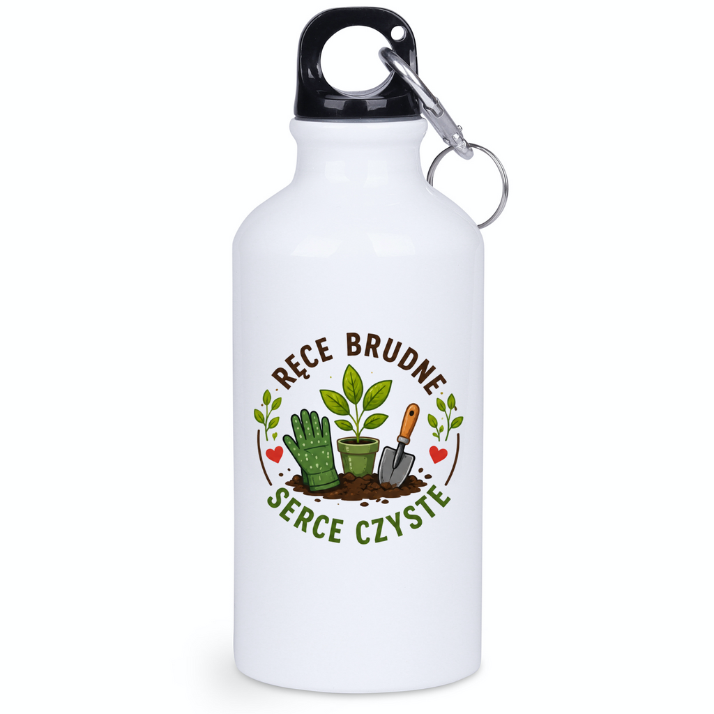 Butelka biała 400 ml z nadrukiem „Ręce brudne, serce czyste” – ogród, działka #1